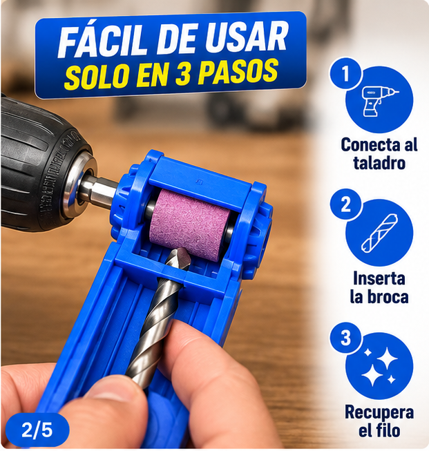 Afilador de brocas azul con piedra instalada, piedra de repuesto, llave pequeña y adaptador