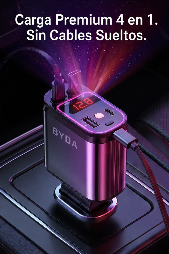 AutoChargePro I Cargador De Carro Retráctil 4 En 1 I Mantén tu auto sin cables enredados, y carga 4 dispositivos a la vez