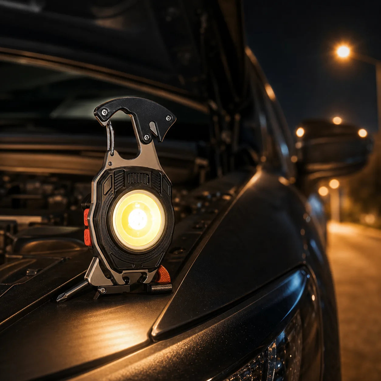 Linterna llavero encendida junto a un automóvil durante la noche