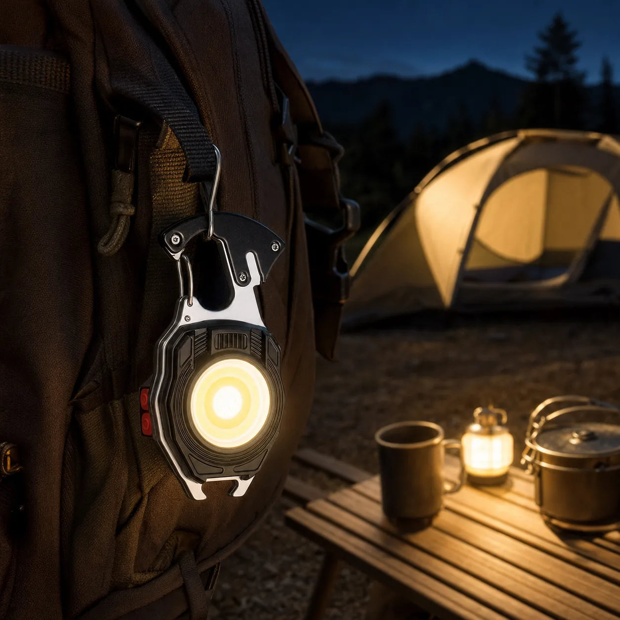 Linterna llavero colgada de una mochila en un campamento