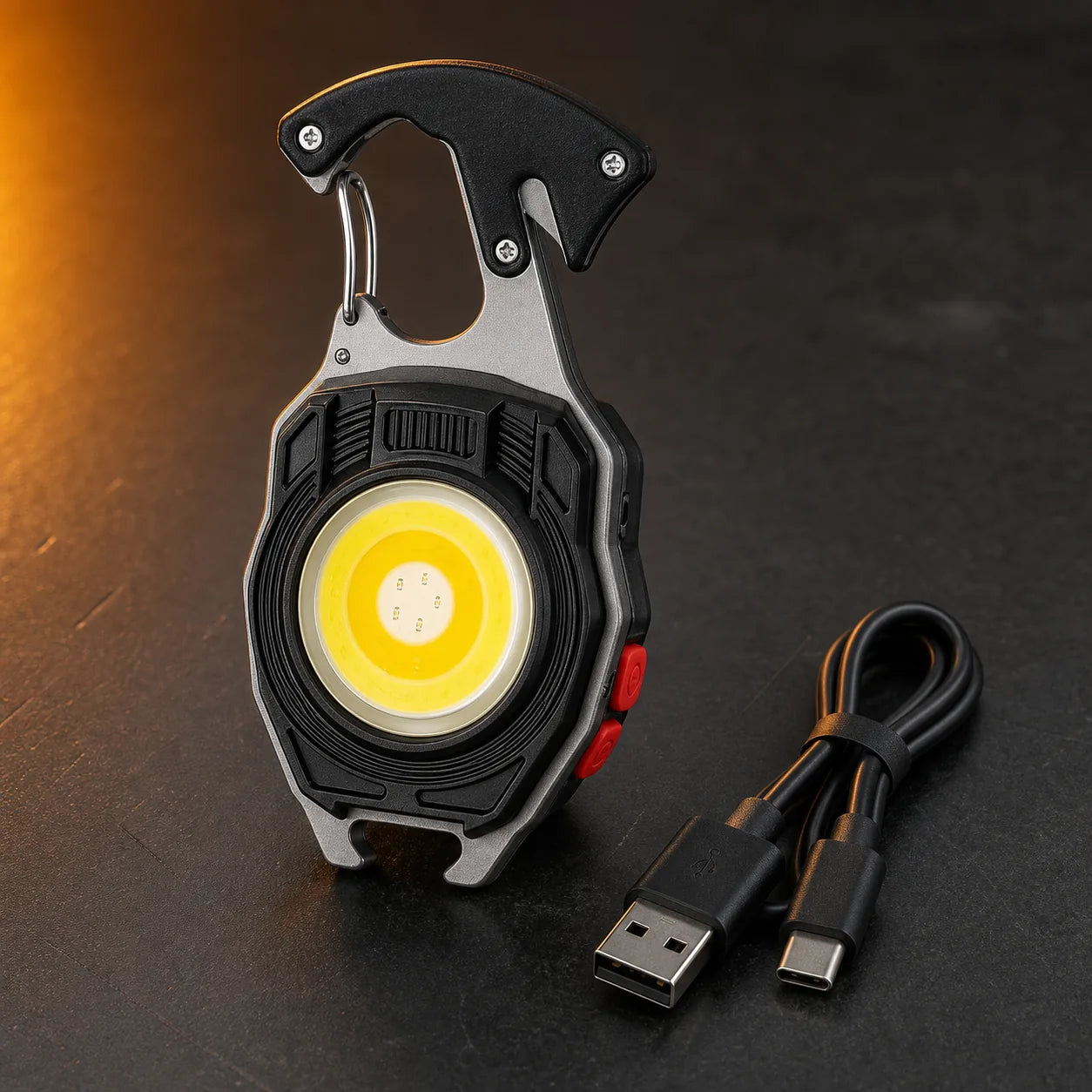 Linterna llavero encendedor con cable USB-C sobre una superficie de trabajo