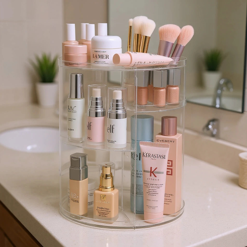 Organizador transparente con cosméticos sobre la encimera de un baño