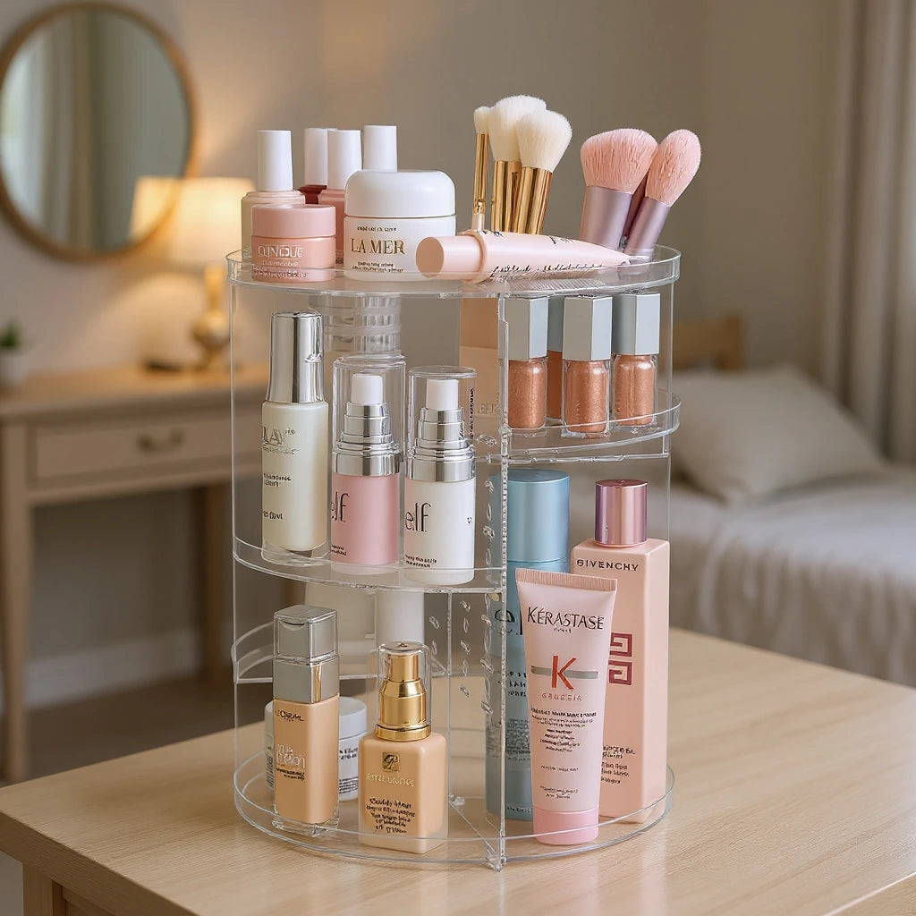 Organizador cargado con cosméticos sobre un tocador de dormitorio