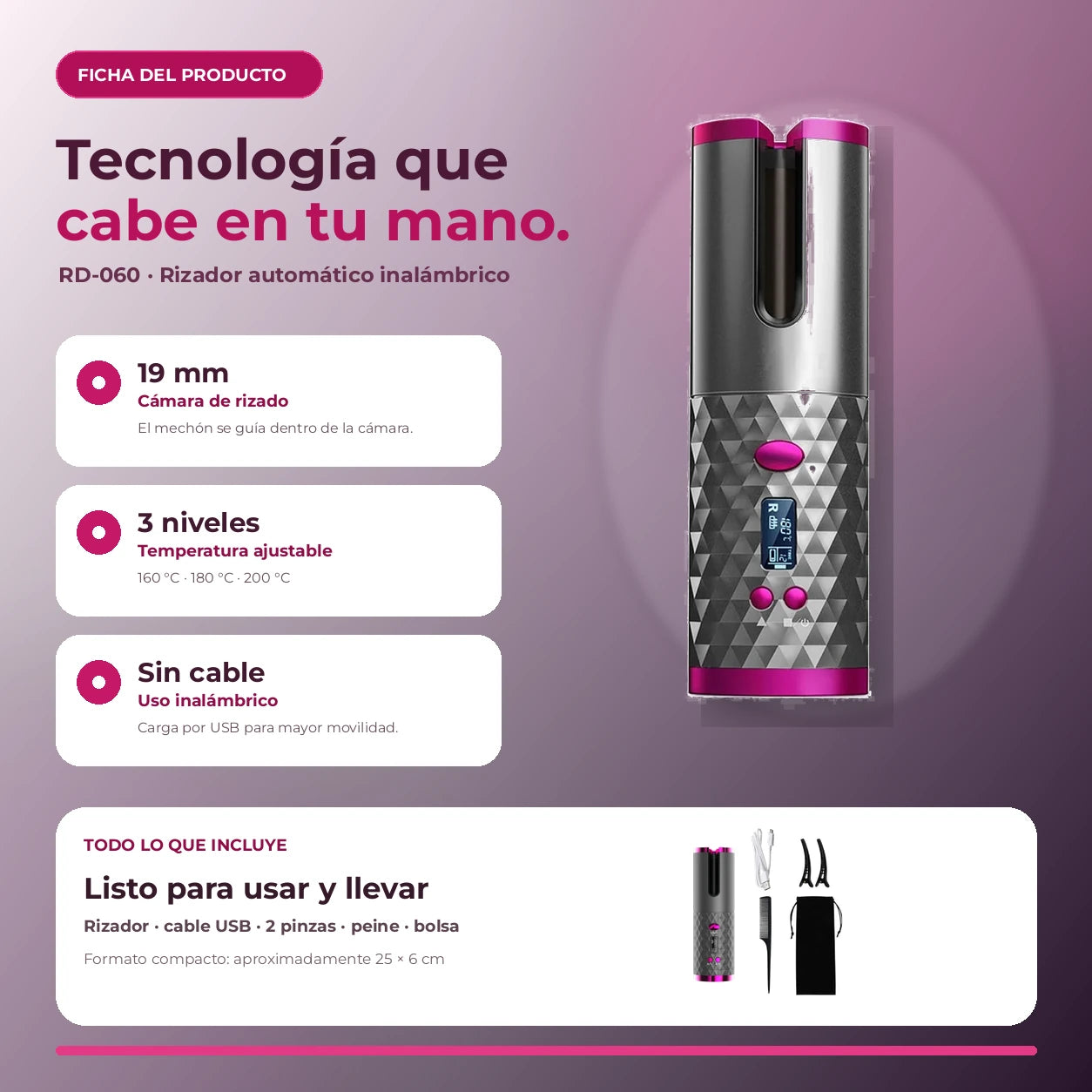Ficha del rizador RD-060: cámara de 19 mm, temperaturas de 160, 180 y 200 °C, carga USB y kit incluido